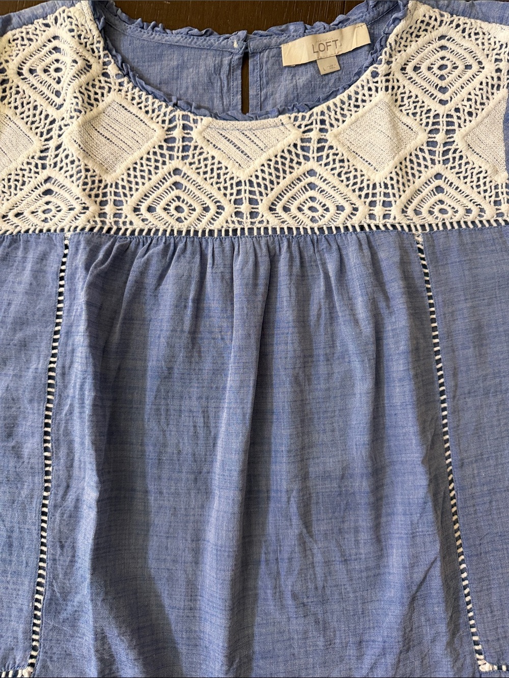 LOFT Girls' Chambray Blue Dress with Cream Crochet Yoke